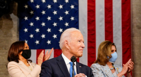 President Joe Biden addresses a Joint Session of Congress President Joe Biden addresses a joint session of Congress, with Vice President Kamala Harris and House Speaker Nancy Pelosi (D-Calif.) on the dais behind him, in Washington, U.S., April 28, 2021. Melina Mara/Pool via REUTERS